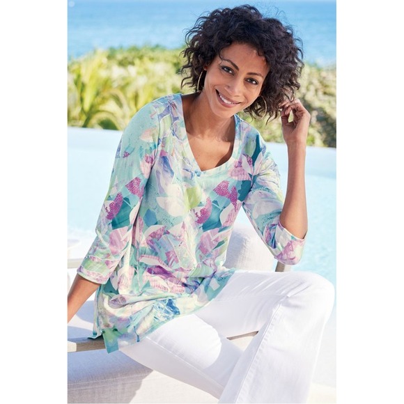 Soft Surroundings Shirt Women XS Pink Blue Floral Iris Tunic Boho Cottagecore - Picture 1 of 9
